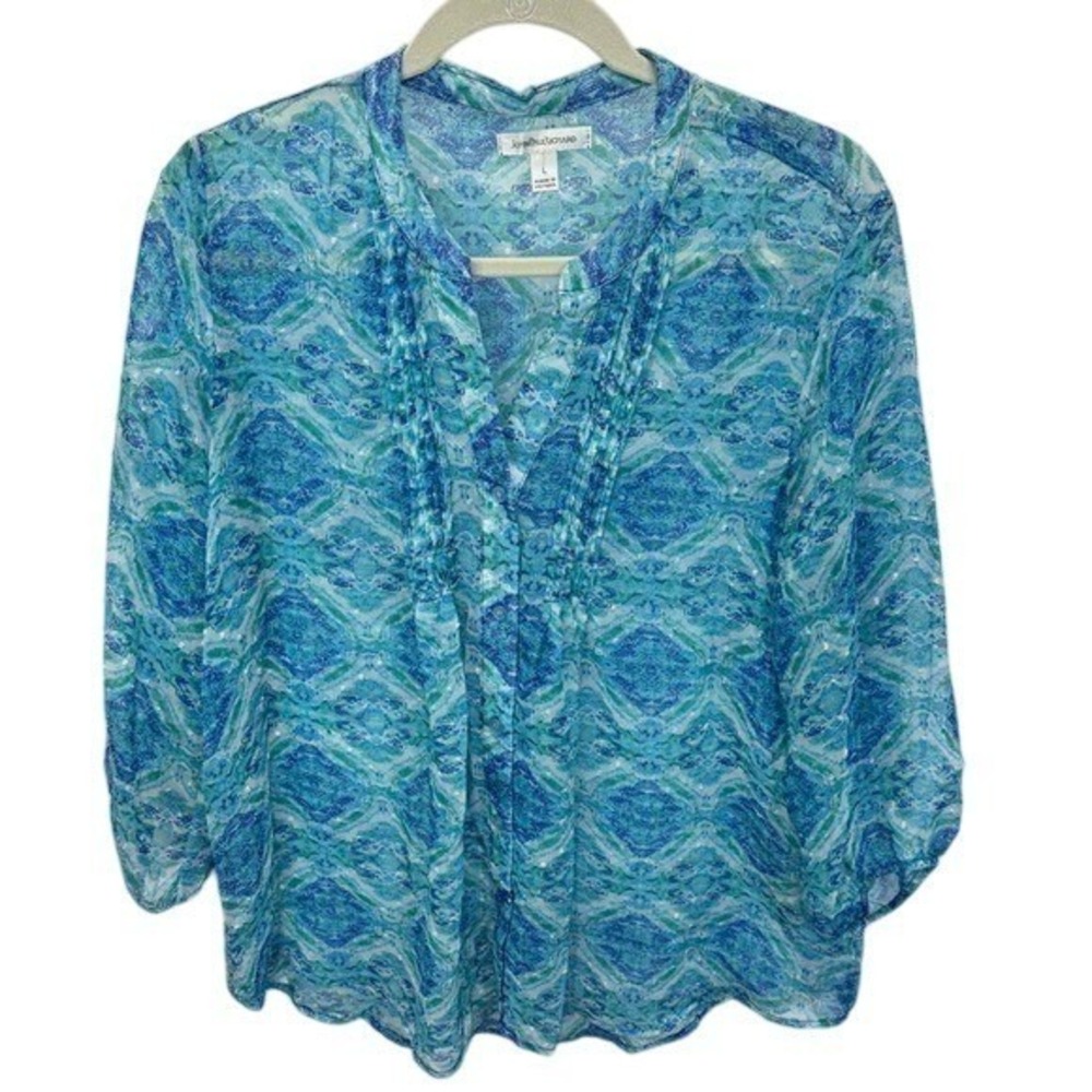 JohnPaulRichard Women's Blue Patterned Sheer 3/4 Sleeve Blouse Top‎ Size L